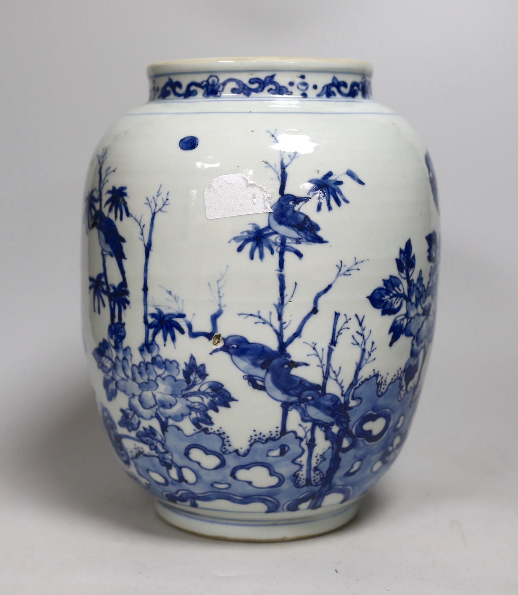 A Chinese blue and white bird amongst the branches ovoid jar, 27cm tall